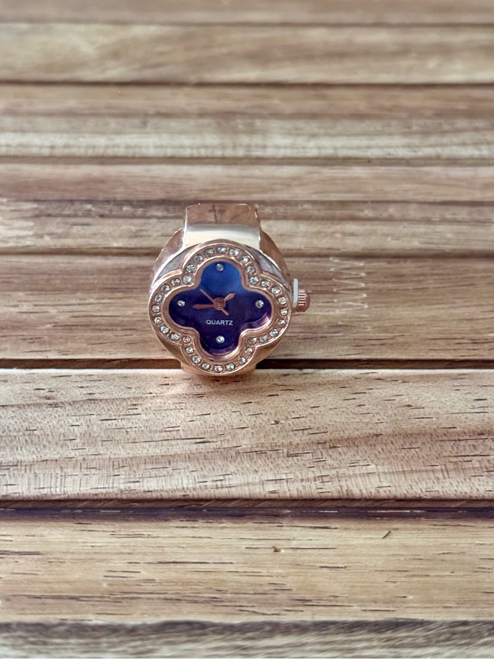 Rose Gold Ring Watch with Blue Clover Face